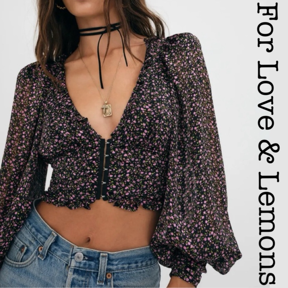 For Love And Lemons Natalie Black Floral Women's Top Size Medium